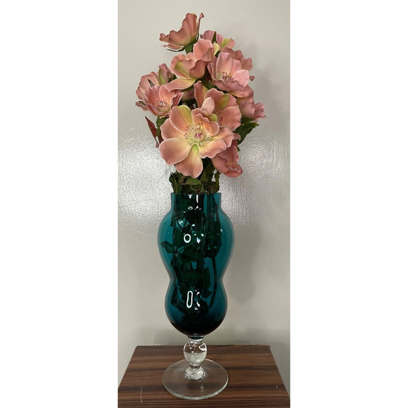 Vintage Handblown Blue Footed Vase Art Glass - Picture 2 of 10